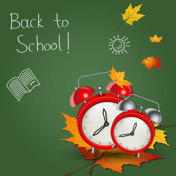 Back School Background Autumn Leaves Alarm Clocks Inscription Blackboard — Stock Vector