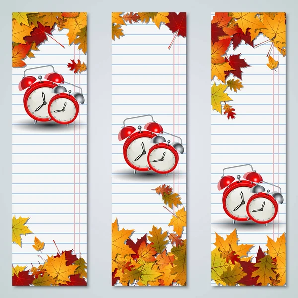 Back School Autumn Style Vector Banners Collection Alarm Clocks Maple — Stock Vector