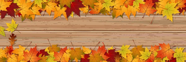 Illustration Vectorielle Style Automne Feuilles Colorées Sur Fond Bois — Image vectorielle