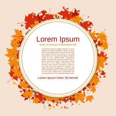Sonbahar stili vektör arkaplanı. Kırmızı ve turuncu renkli yaprakların yuvarlak çerçevesi