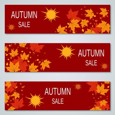 Autumn sale vector banners collection. Red backgrounds with colorful leaves