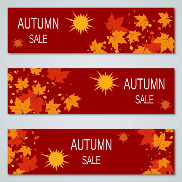 Autumn Sale Vector Banners Collection Red Backgrounds Colorful Leaves — Stok Vektör