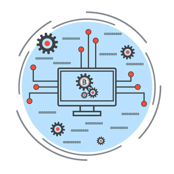 Blockchain Technology Computer Network Cryptocurrency Mining Thin Line Vector Concept — Stockový vektor