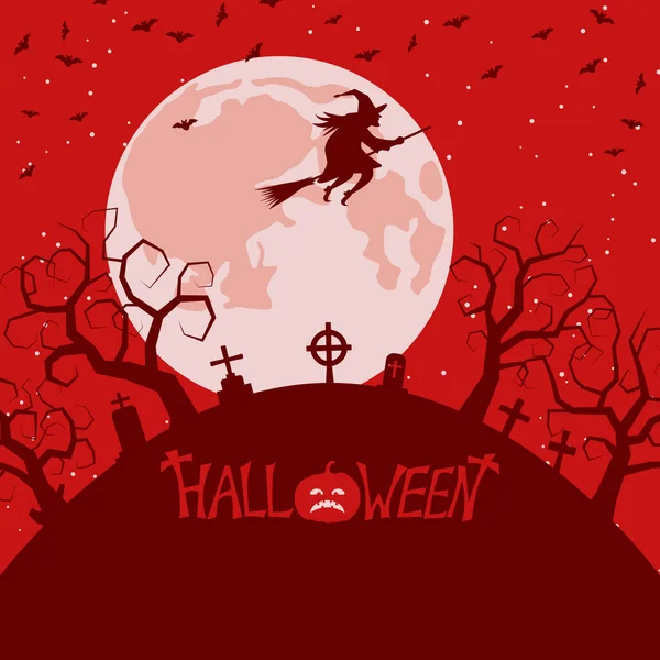 Halloween Fundo Vetor Noite Assustador Cemitério Ilustração Bruxa — Vetor de Stock