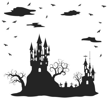 Cadılar Bayramı korkutucu gece pankartı şablonu, şatoları ve mezarlığı, siyah ve beyaz 