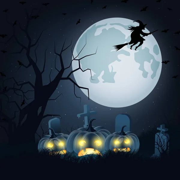 Halloween Miedo Noche Vector Fondo Cementerio Ilustración Brujas — Vector de stock