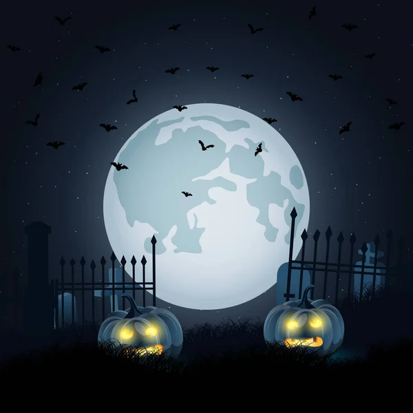 Halloween Spaventoso Modello Banner Vettoriale Notturno Con Zucche Cimitero — Vettoriale Stock