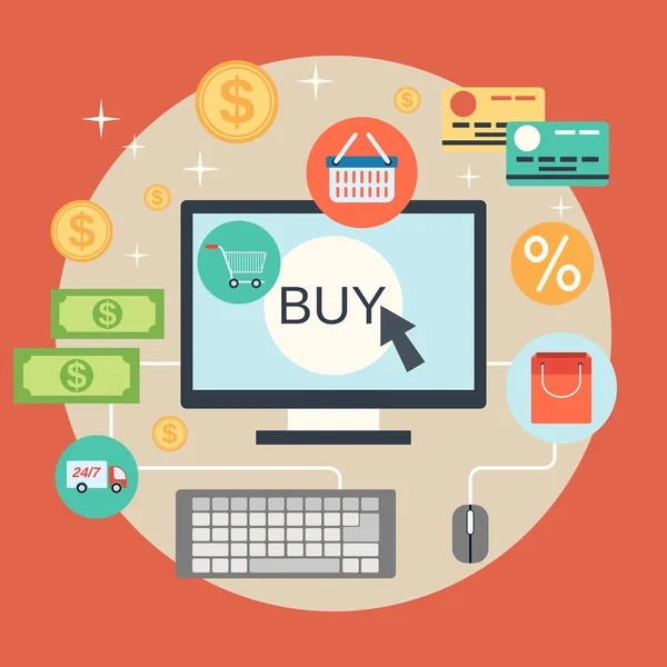 Bezahlen per Klick, Online-Shopping, Online-Banking, Überweisungsvektorkonzept — Stockvektor