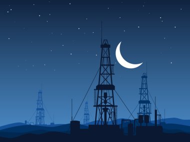 Gece çöl vektör çizim üzerinde petrol ve gaz kuyuları