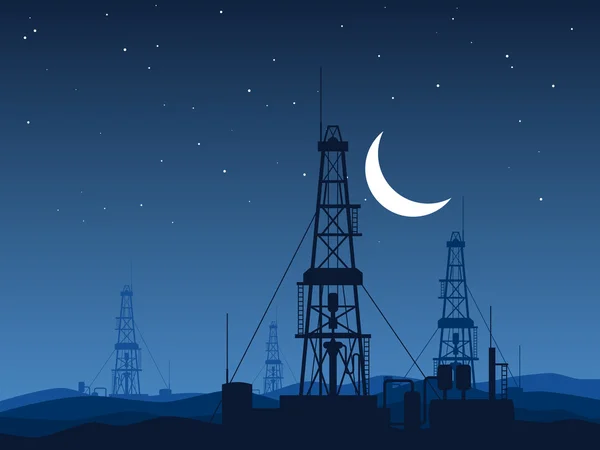 Нефтегазовые установки на векторной иллюстрации пустыни ночью — стоковый вектор