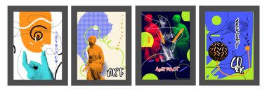 Vektör koleksiyonu seti, karalama, karalama çizgisi, canlı grafik deseni, dinamik şekiller, renkli ve Maximalizm tarzında elementler içeren illüstrasyon tasarımı. Maximalism poster kapağı için soyut modern modern sanat dekoratif arka plan