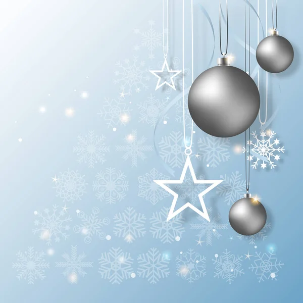 Noel baloları ve parlak yıldızlar Noel arkaplanında asılı duruyor.