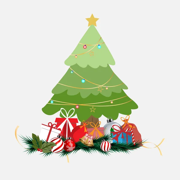 Kerstboom Met Geschenken Ornament Vrolijk Kerstfeest Vectorillustratie — Stockvector