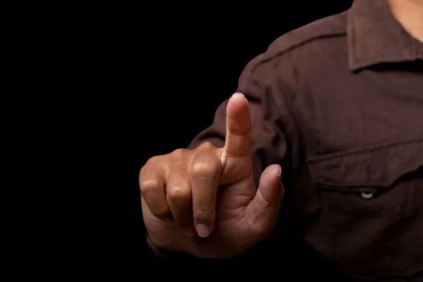 Adam Ekrana Dokunuyor Siyah Arkaplanda Izole Edilmiş Dokunmatik Ekran Arayüzüne — Stok fotoğraf