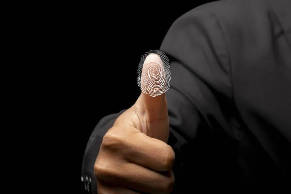 Zakenman Scannen Vingerafdruk Biometrische Identiteit Goedkeuring Veiligheidsconcept Van Bedrijfstechnologie Geïsoleerd — Stockfoto