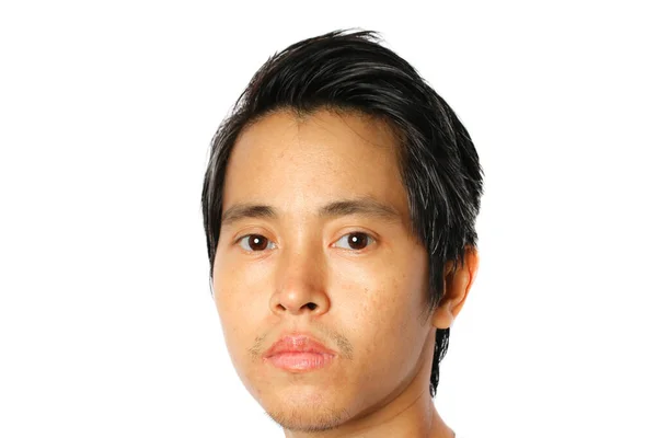 Detailní Záběr Obličeje Mladý Asijský Muž Bílém Pozadí — Stock fotografie