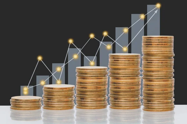 Money coin stack with growing graph and arrow up, business finance, and saving money investment on black background for finance and business concept.