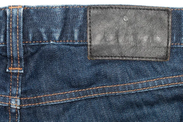 Denim Closeup Texture Background Leather Label Blue Jeans — Stock Photo, Image