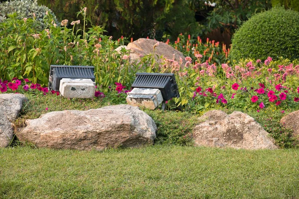 Pedra Flor Com Holofotes Para Uma Decoração Jardim — Fotografia de Stock