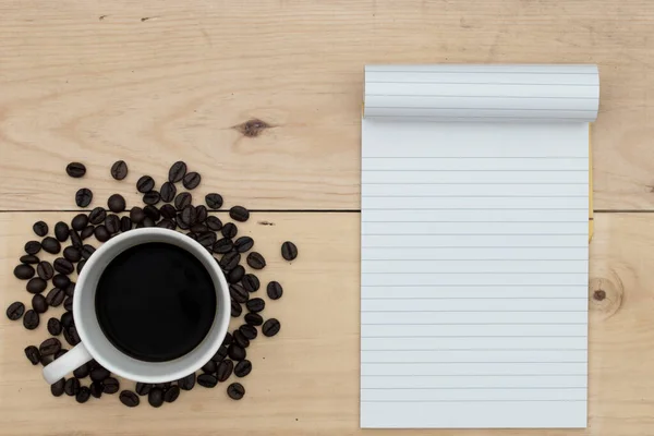 Café Cuaderno Sobre Mesa Madera — Foto de Stock