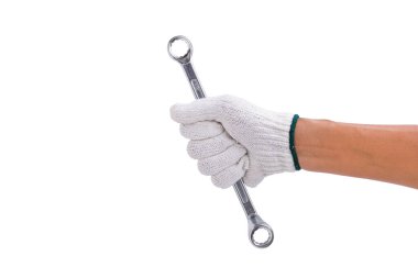 Beyaz arkaplanda izole edilmiş işçi el anahtarı - kırpma yolları. 