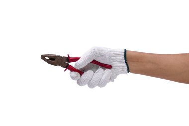 Beyaz arkaplanda izole edilmiş pense tutan işçi el pensesi - kırpma yolları. 