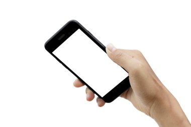 Beyaz arkaplanda el ele tutuşan akıllı telefon - kırpma yolları