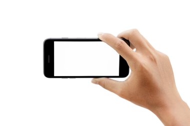 Beyaz arkaplanda el ele tutuşan akıllı telefon - kırpma yolları