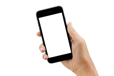 Beyaz arkaplanda el ele tutuşan akıllı telefon - kırpma yolları