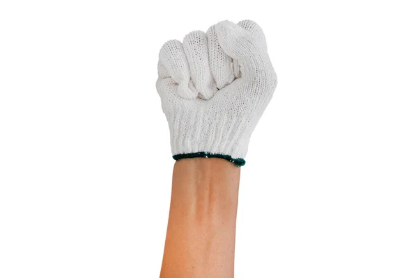 Ręka Mężczyzny Rękawiczkach Budowlanych Pięść Izolowana Białym Tle Ścieżki Wycinania — Zdjęcie stockowe