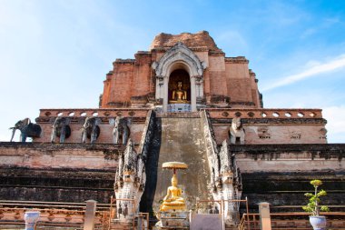 Wat Chedi Luang Varavihara. Tayland, Chiang Mai 'de turistler için bir dönüm noktası. Bu tapınak Tayland 'ın Chiang Mai şehrinin merkezinde..