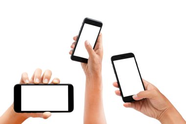 beyaz arkaplanda el ele tutuşan akıllı telefon ve dokunmatik ekran - kırpma yolları