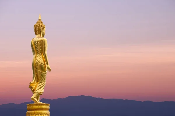Buddha Staty Stående Solnedgång Himmel Bakgrund — Stockfoto