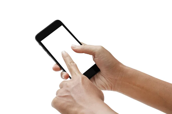 Hand Hält Smartphone Und Touchscreen Isoliert Auf Weißem Hintergrund Pfade — Stockfoto