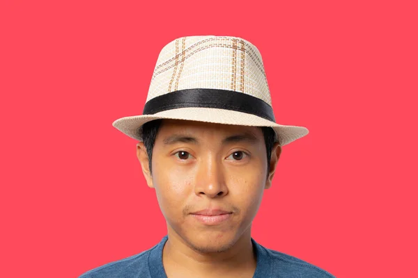 Portrait Man Straw Hat Isolated Red Background Clipping Paths — Stock Photo, Image