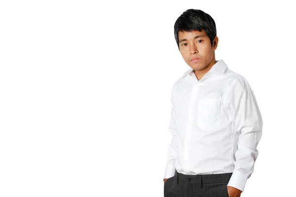 Portret Van Jonge Aziatische Zakenman Wit Shirt Geïsoleerd Witte Achtergrond — Stockfoto