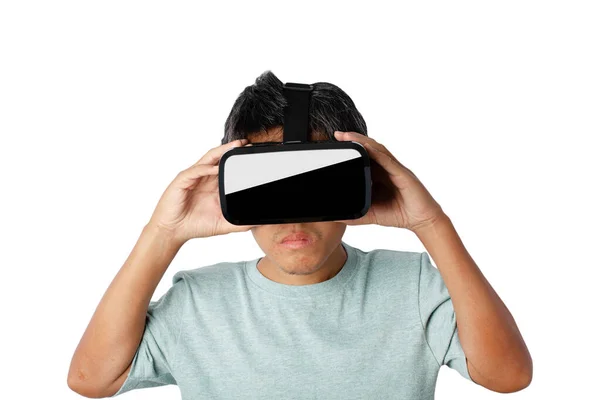Hombre Joven Usando Auriculares Realidad Virtual Futuro Concepto Tecnología Línea — Foto de Stock