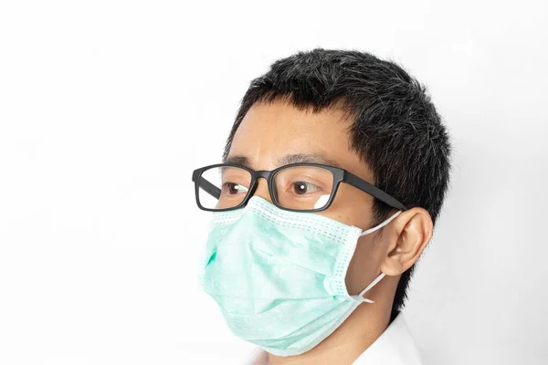 Close Young Male Wearing Eyeglasses Protective Face Mask White Background — Stock Photo, Image