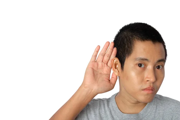 Jeune Homme Tend Oreille Écoutant Une Rumeur Des Commérages Isolés — Photo