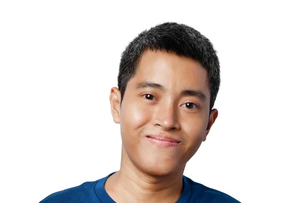 Närbild Ansiktet Ung Asiatisk Man Ler Isolerad Vit Bakgrund Klippväg — Stockfoto