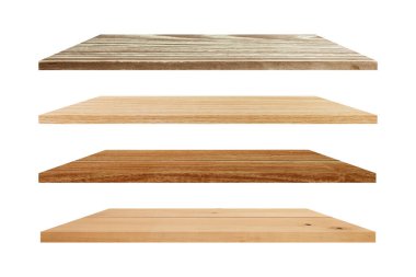 Beyaz arkaplanda izole edilmiş ahşap boş raf seti. kırpma yolu.