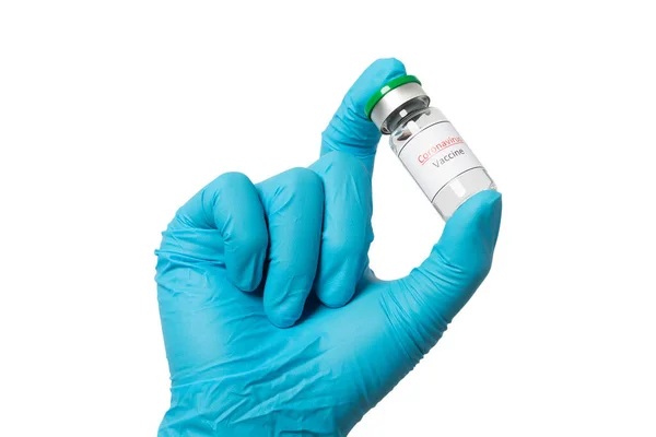 Coronavirus Impfstoff Glasflasche Der Hand Des Arztes Auf Weißem Hintergrund — Stockfoto