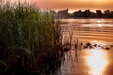 Ukrayna, Kiev 'de şafak söktükten sonra sisli Dinyeper nehrinin sessiz bir manzarası. Güneşin sudaki yansıması..