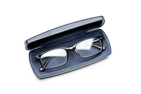 Modern Spectacles Eyeglasses Dark Blue Leather Case Isolated White Background — Stock Photo, Image