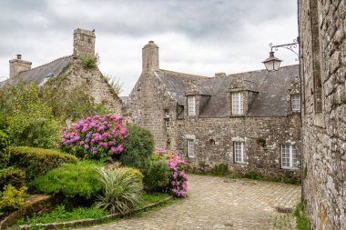 Fransa 'nın başkenti Brittany' deki tarihi Locronan köyünde, parke taşı bir cadde boyunca parlak ortancalarla dolu yemyeşil bir bahçenin yanında pitoresk taştan bir ev duruyor..