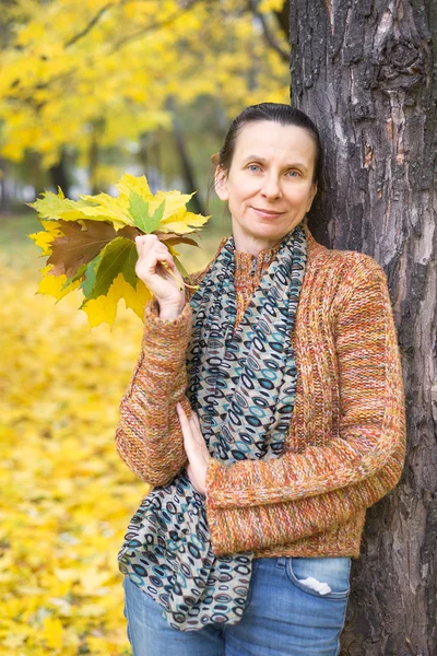 秋に葉を女性ピッキング — ストック写真