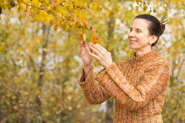 Frau pflückt Blätter im Herbst — Stockfoto