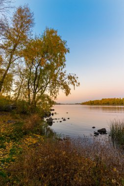 Ağaçlar ve sıcak renkler sonbahar, alacakaranlıkta Dnieper Nehri Kiev, Ukrayna