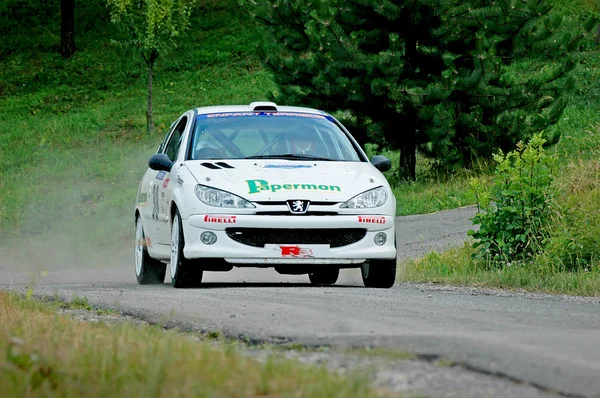Unidentified drivers on a white vintage Peugeot 106 racing car — 스톡 사진