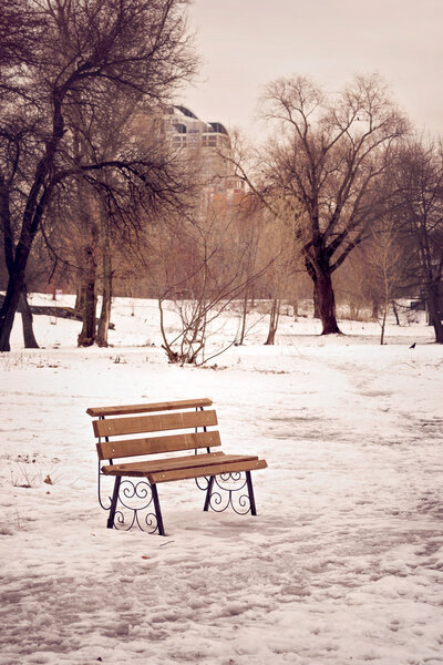 A lonely bench in the park covered by snow in winter, Kiev, Ukraine